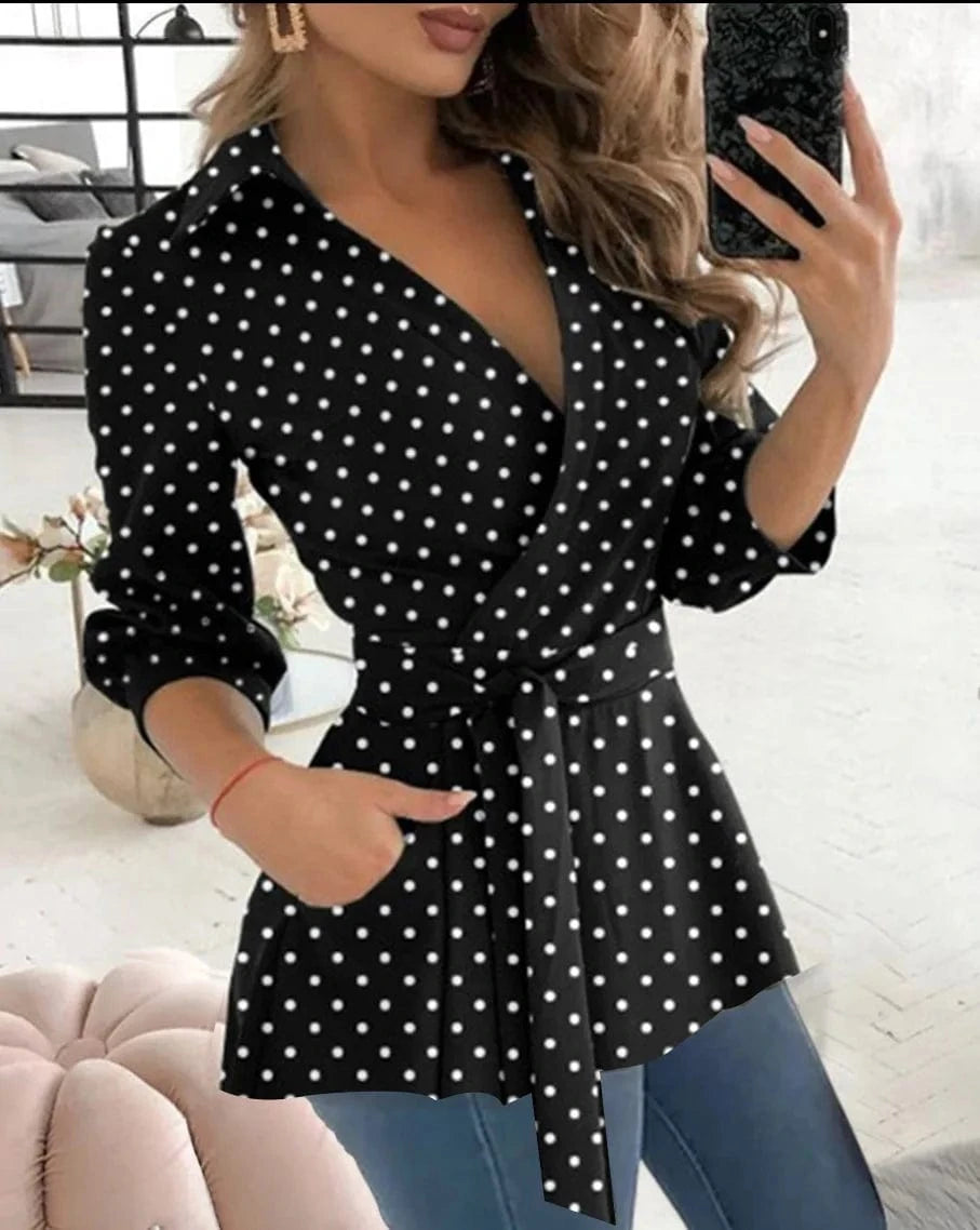 black / XXL Spring Autumn Printed Work Shirt Tops Women Casual V Neck Long Sleeve Party Club Business Blouse Top with Belt