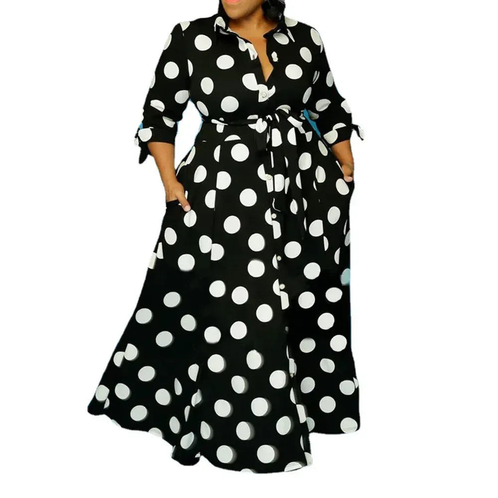 black / XXL Wmstar Plus Size Dresses for Women Dot Printed with Pockets Slashes Fashion Party Maxi Dress Hot Sale Wholesale Dropshipping