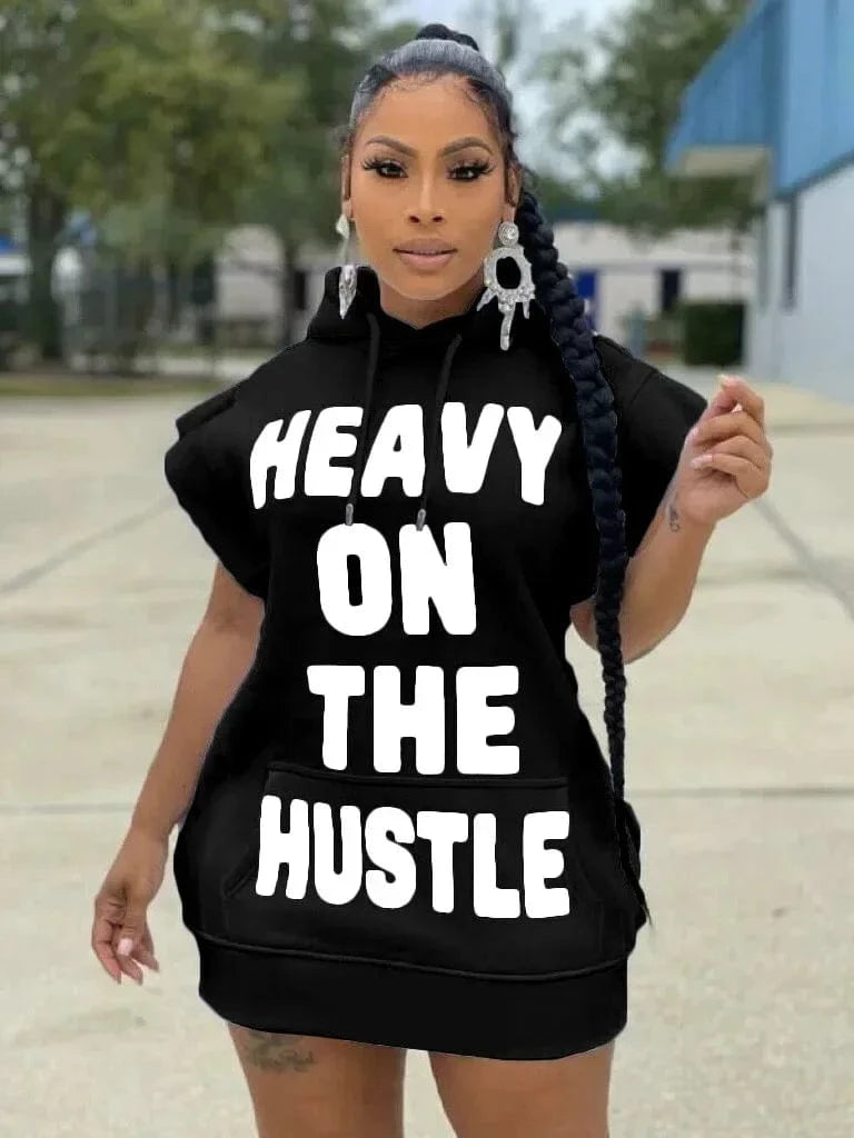 black / XXL Women Streetwear Casual Letter Print Hooded Flare Short Sleeve Sweatshirt Style Dress 2024 New