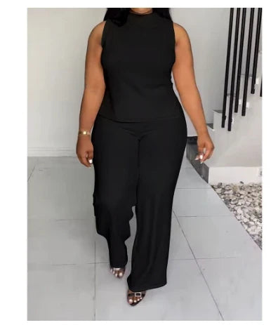 black / XXXL Wmstar Women Two Piece Set Plus Size 3XL 4XL Summer Casual Fashionable Print Sleeveless Shirt Suit Wide Leg Pants Female Outfits