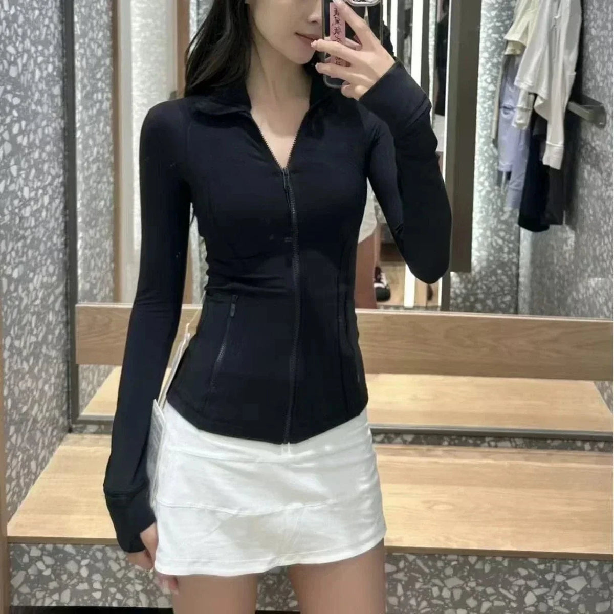 Black zipper / 6 2025 Women's Fitness Jacket Long Sleeve Zip Up High Elastic Yoga Running Top with Pockets for Gym Workout Athletic Wear