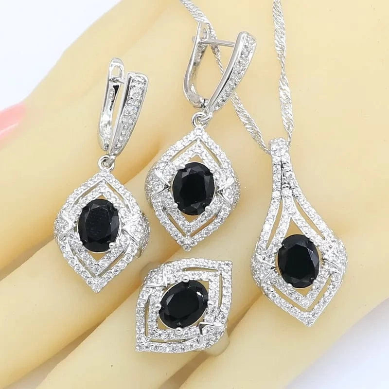 Black Zircon White Gold Jewelry Sets for Women Wedding Bracelet Earrings Necklace Pendant Ring Gift Box