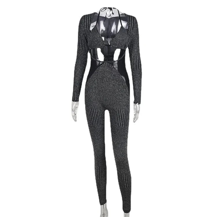 Bling Glitter Sequins Y2K Outfits 2 Piece Set Lace Up Long Sleeve Halter Crop Top Jumpsuit