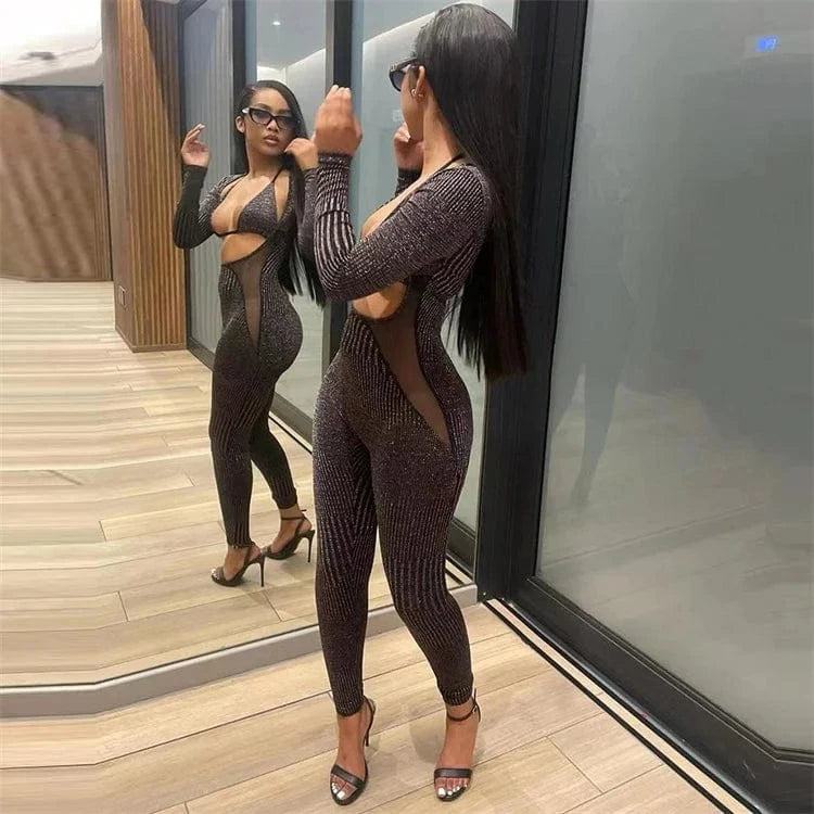 Bling Glitter Sequins Y2K Outfits 2 Piece Set Lace Up Long Sleeve Halter Crop Top Jumpsuit