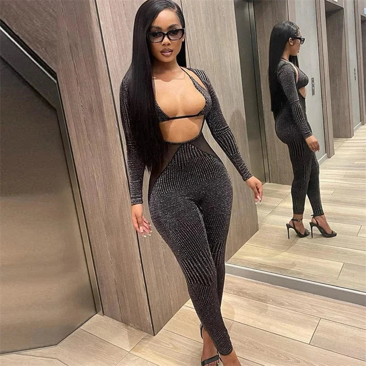 Bling Glitter Sequins Y2K Outfits 2 Piece Set Lace Up Long Sleeve Halter Crop Top Jumpsuit