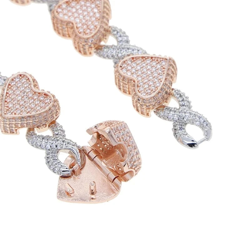 Bling Gold Rose Gold Two Tone Plated Fashion Women Jewelry Set 5A Cubic Zirconia CZ Heart Infinity Chain Necklace Bracelet