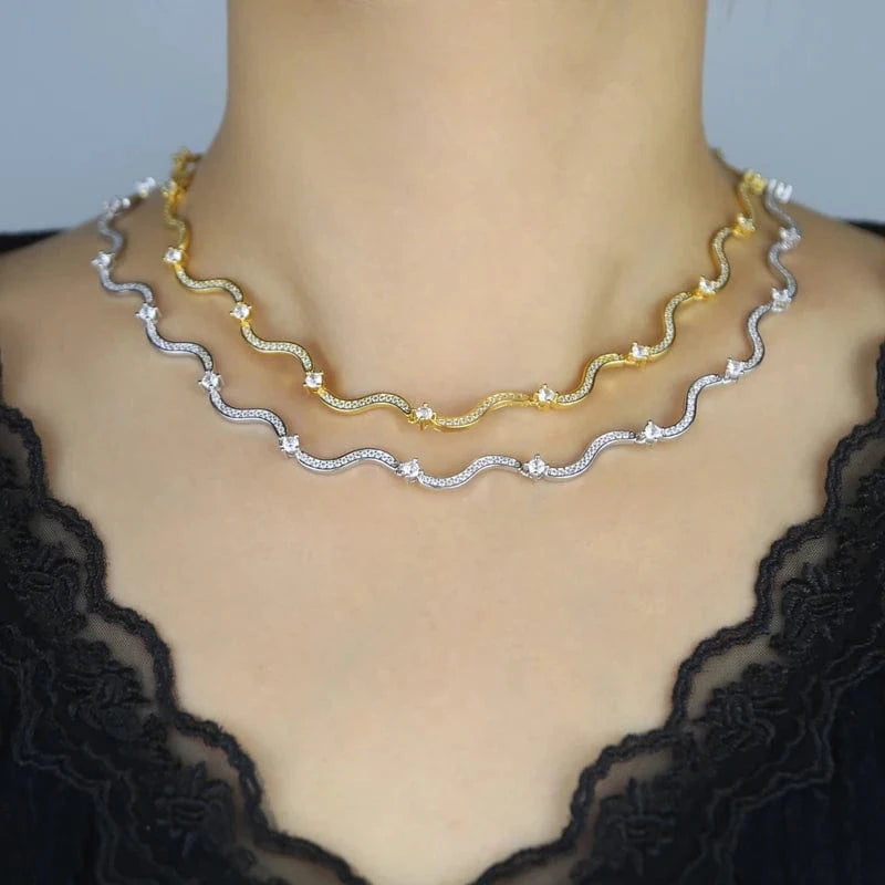 Bling New Arrived Silver Gold Plated Fashion Design Women Jewelry Micro Pave 5A CZ Wave Chain Choker Necklace