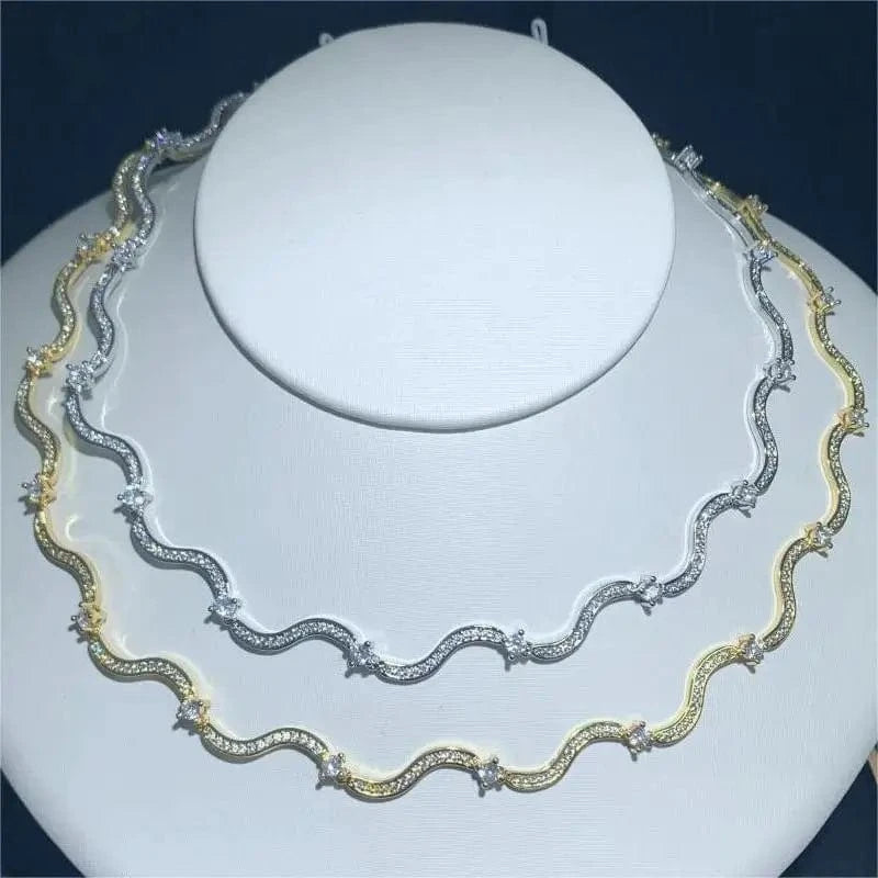 Bling New Arrived Silver Gold Plated Fashion Design Women Jewelry Micro Pave 5A CZ Wave Chain Choker Necklace
