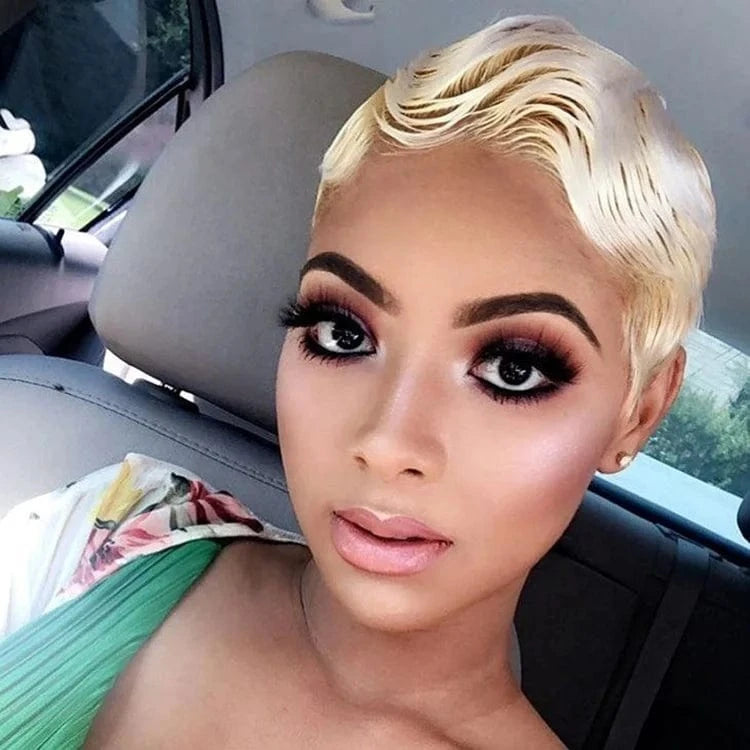 Blonde Color / 8 Inches #613 Blonde Pixie Short Bob Wig Sale High Virgin Cuticle Aligned Hair Lace Front Wigs With Bang