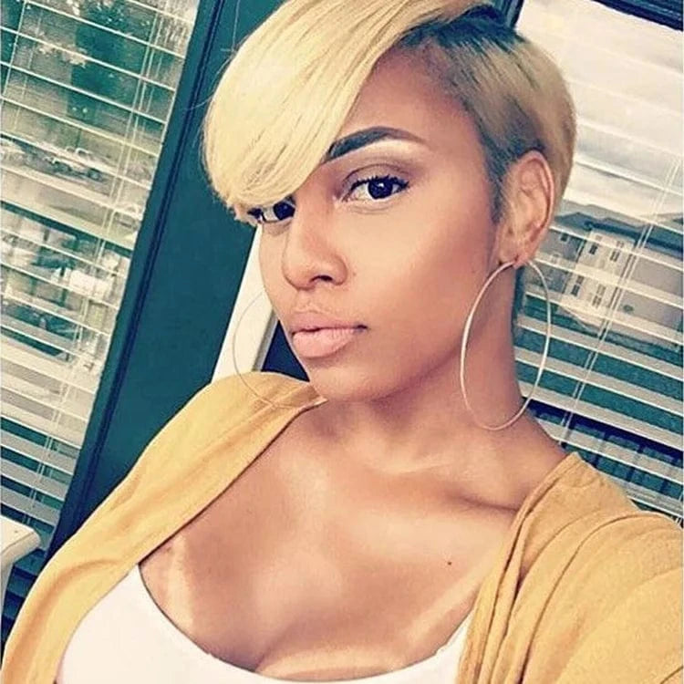 Blonde Color / 8 Inches #613 Blonde Pixie Short Bob Wig Sale High Virgin Cuticle Aligned Hair Lace Front Wigs With Bang
