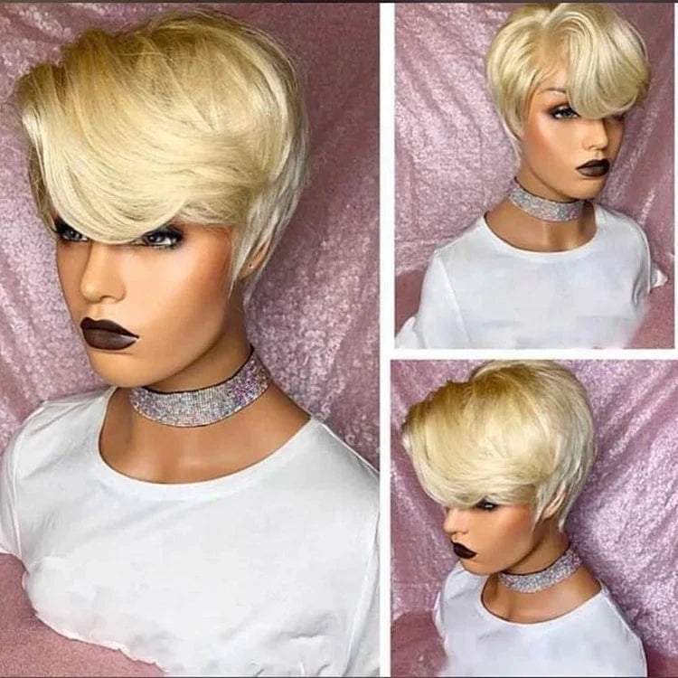Blonde Color / 8 Inches #613 Blonde Pixie Short Bob Wig Sale High Virgin Cuticle Aligned Hair Lace Front Wigs With Bang