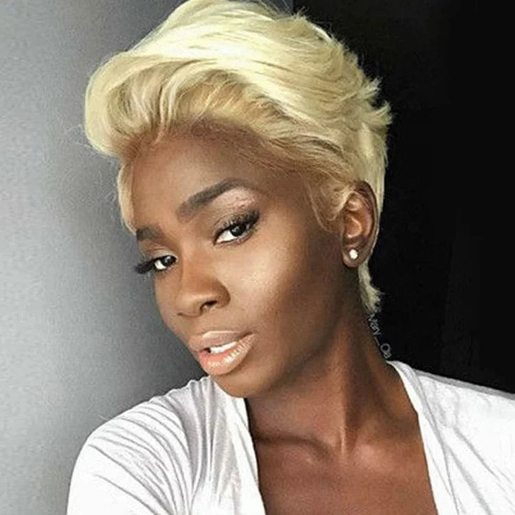 Blonde Color / 8 Inches #613 Blonde Pixie Short Bob Wig Sale High Virgin Cuticle Aligned Hair Lace Front Wigs With Bang