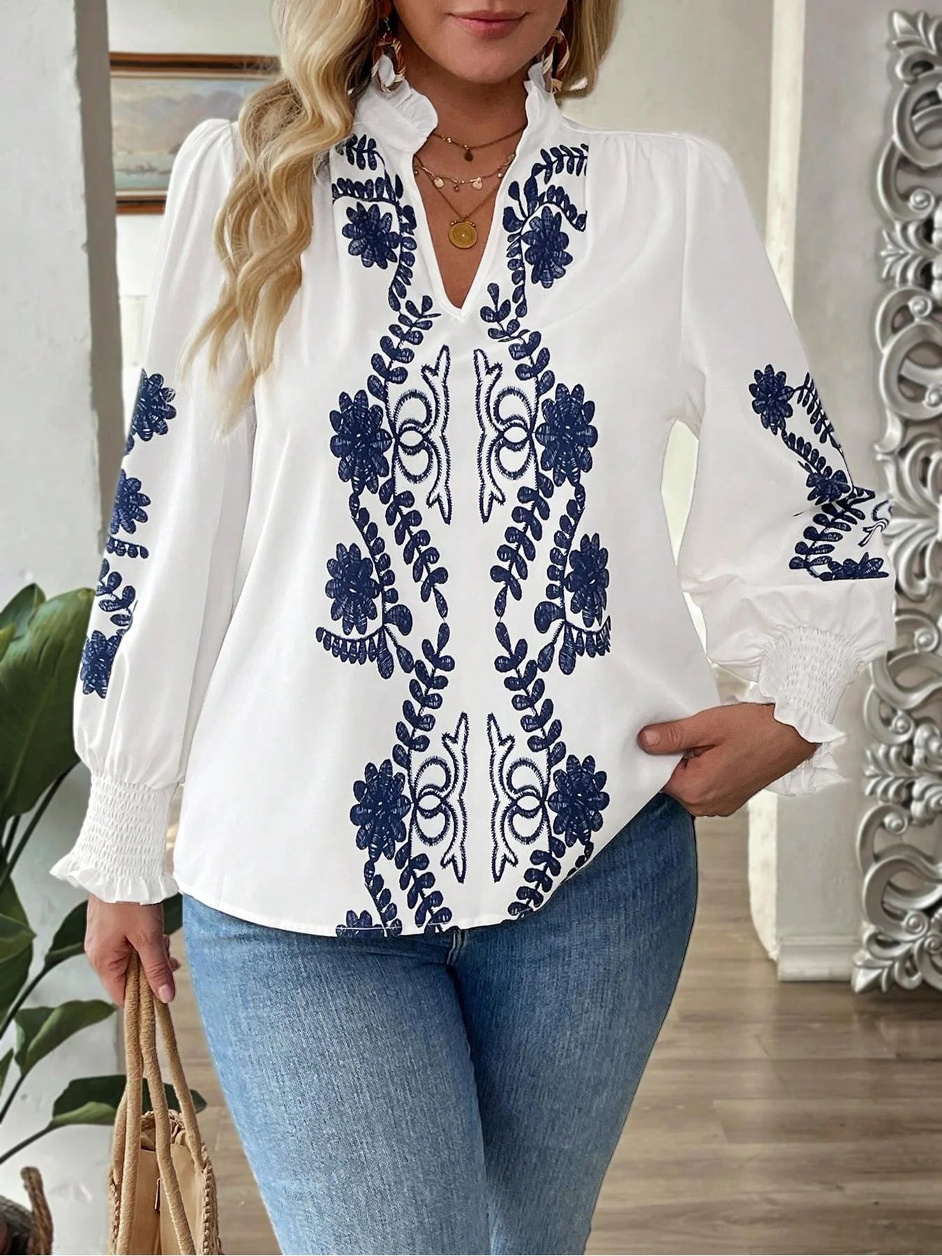 Blouse + Plus Size Floral Print Butterfly Sleeve + Elegant Notched Neck - SN Wigs & More