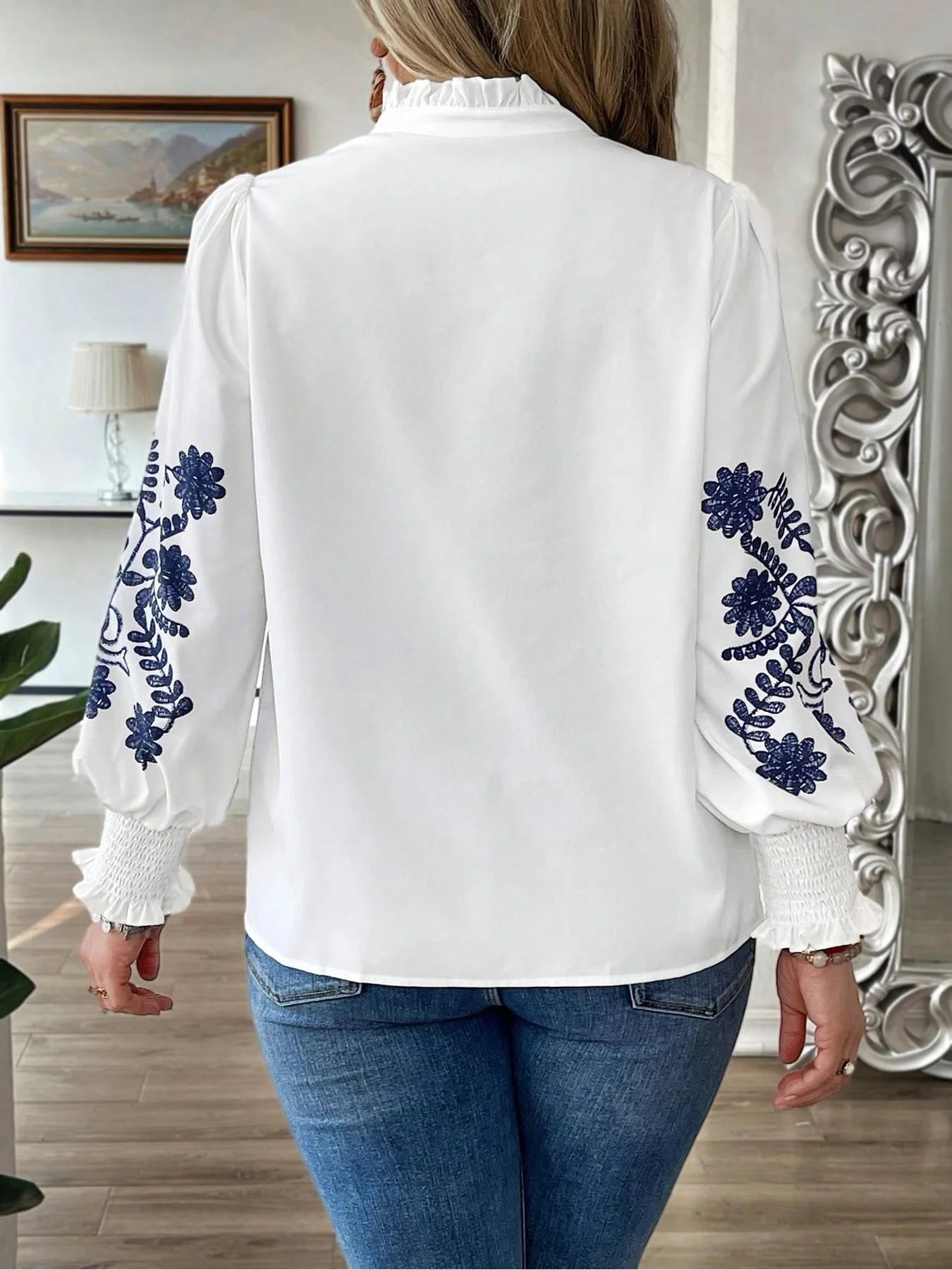Blouse + Plus Size Floral Print Butterfly Sleeve + Elegant Notched Neck - SN Wigs & More