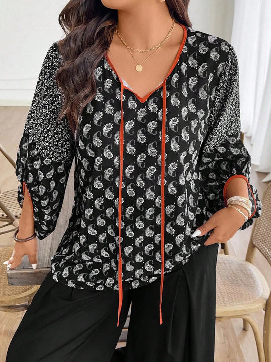 Blouse + Plus Size Paisley Print Tie - Neck + Casual - SN Wigs & More