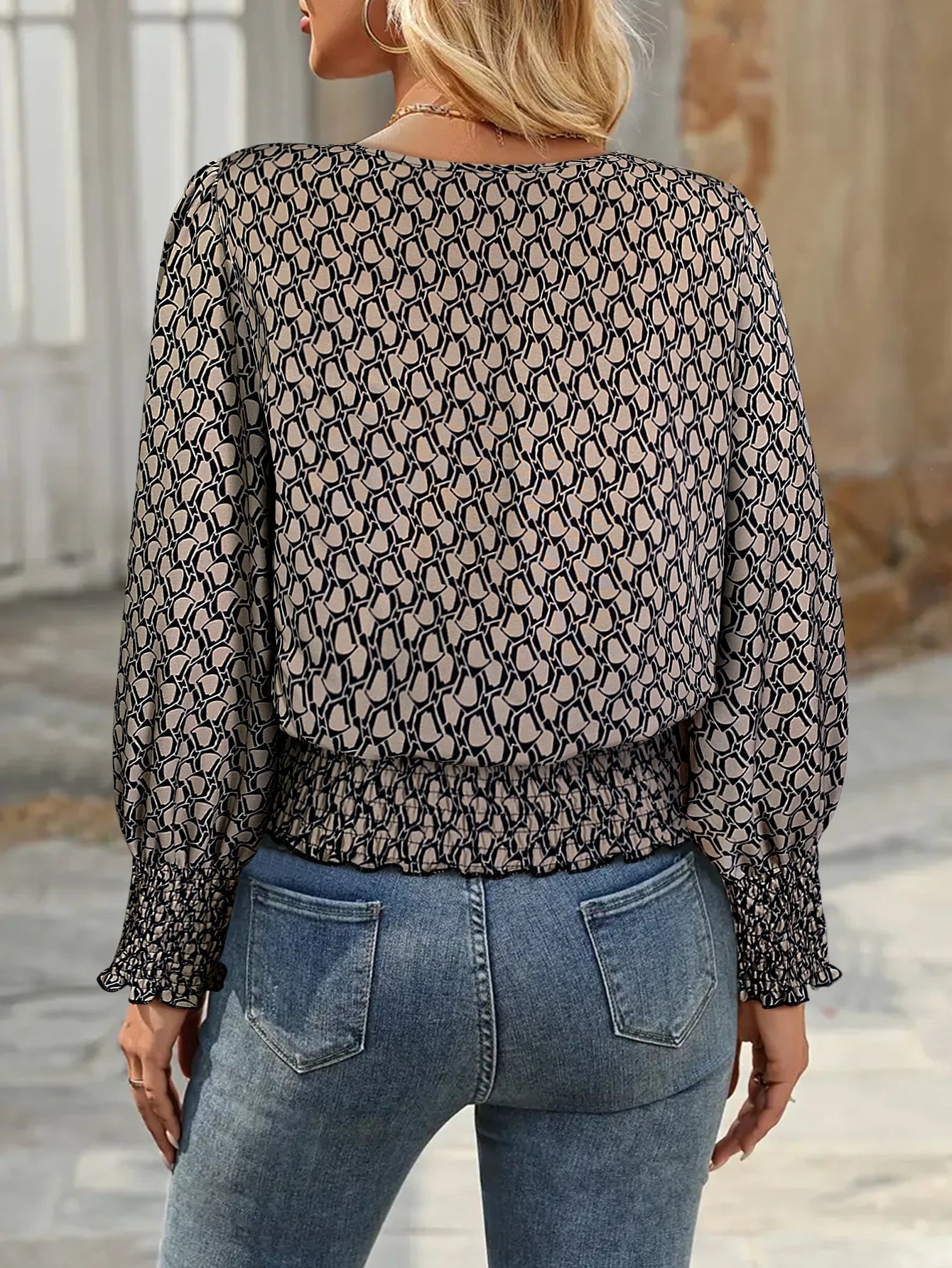 Blouse With Allover Print Round Neck Long Sleeves Casual Fall Style - SN Wigs & More