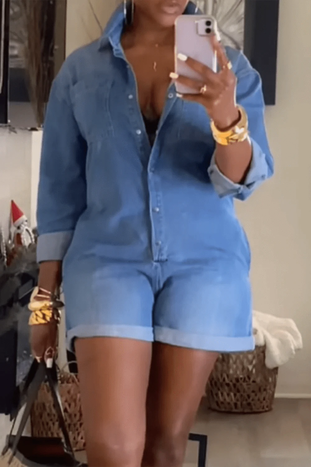 Blue / 1XL Plus Size Daily Blue Shirt Collar Short Sleeve Pocket Denim Rompers