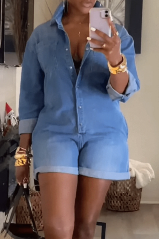 Blue / 1XL Plus Size Daily Blue Shirt Collar Short Sleeve Pocket Denim Rompers