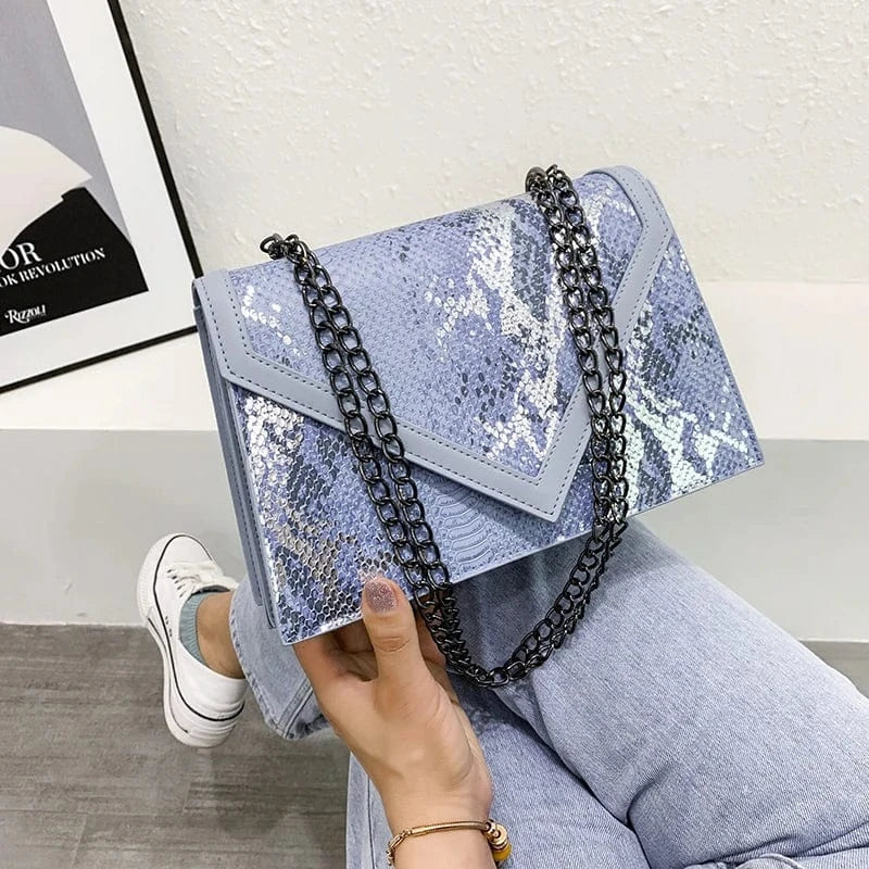 blue 2024 New Fashion Girls Snake Skin Luxury Hand Bags Woman Chain Shoulder Purses Ladies Cute Handbags