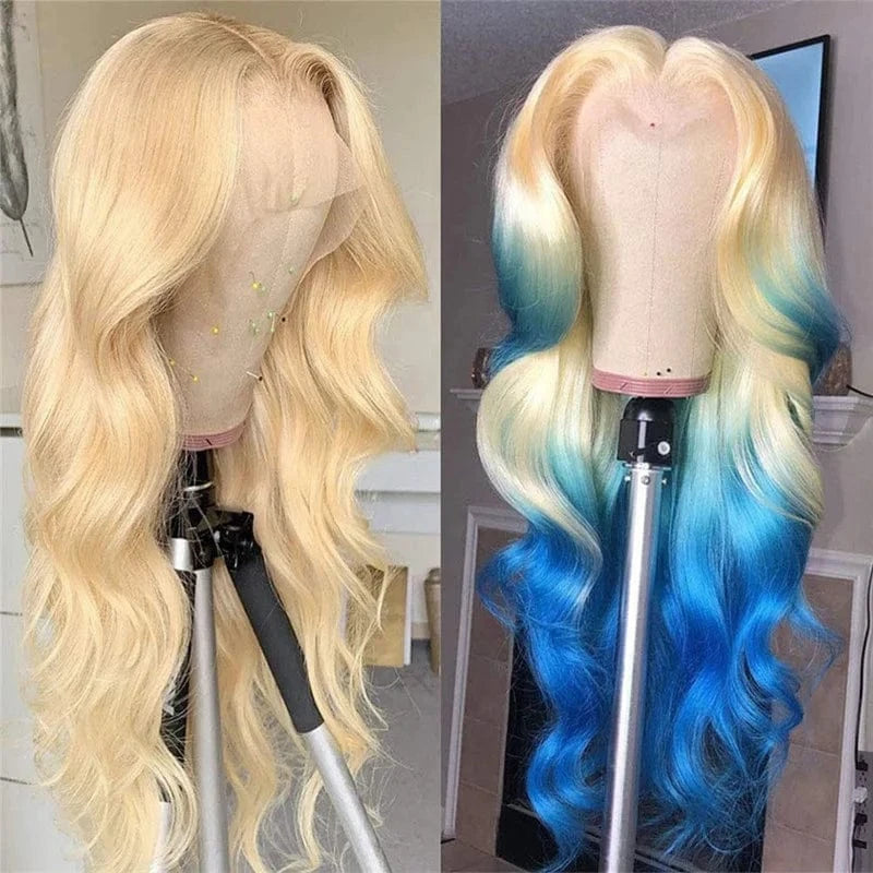 Blue / 26 Inches Wholesale High Quality 20--26Inches Wig Human Hair Lace Frontal 613 Blonde Full Deep Wave Wigs