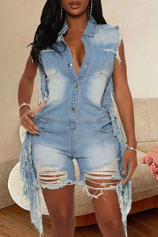 Blue / 2XL Plus Size Daily Blue Shirt Collar Strappy Distressed Denim Rompers