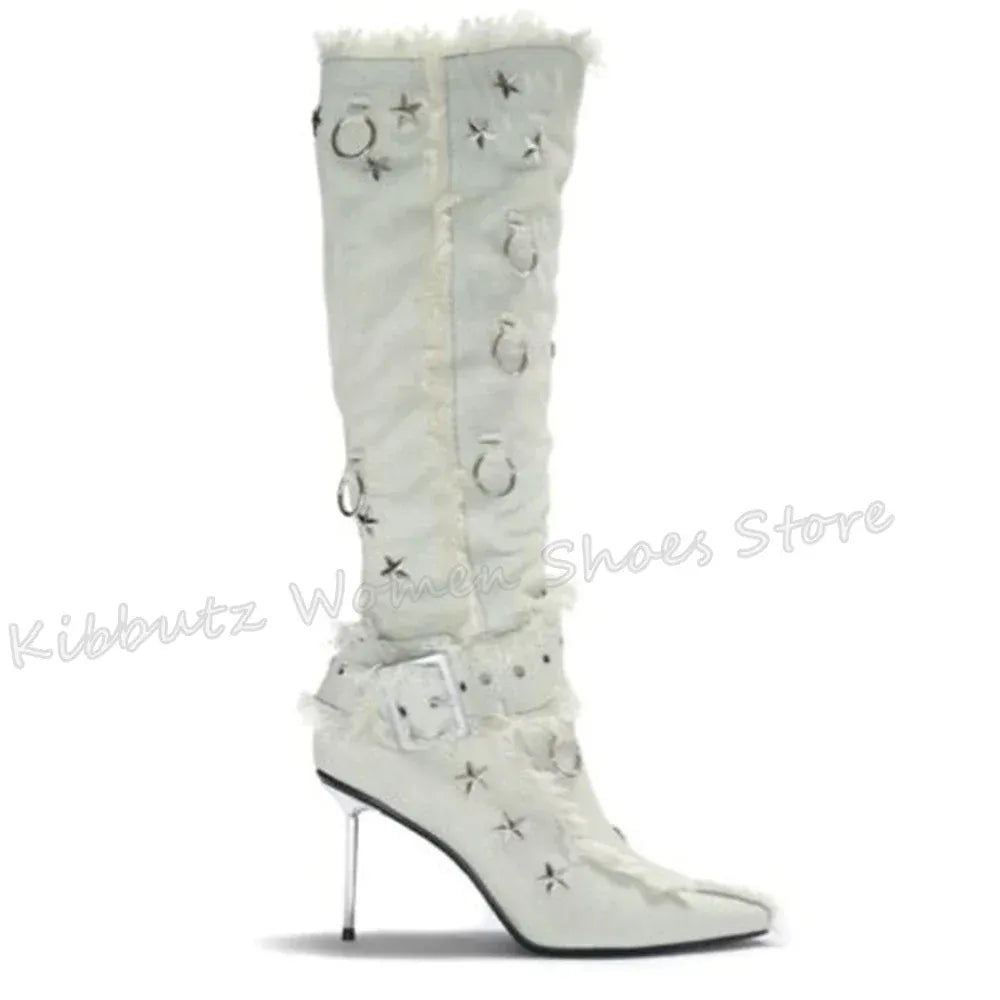 blue / 35 / CHINA Fringe Belt Buckle Boots Knee High Stars Pointed Toe Thin Heels Solid Color Fashion Concise Novelty Sexy Party Women Shoes New