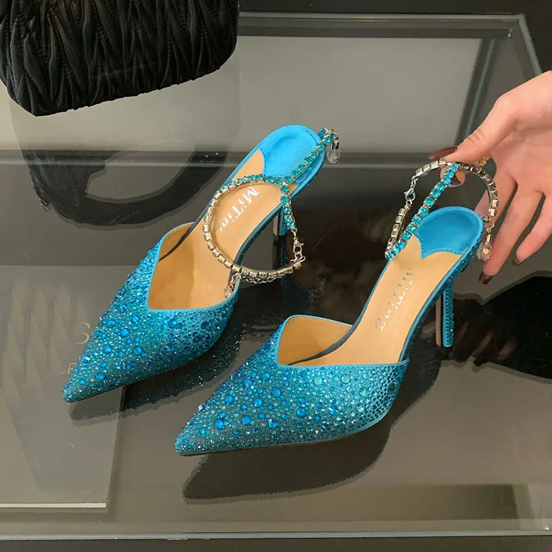 Blue / 40 Fashion Luxury Rhinestones Ladies High Heels Shoes Bling Female Pointed Toe Footwear Ankle Buckle Women Thin Heels Shoes Pumps