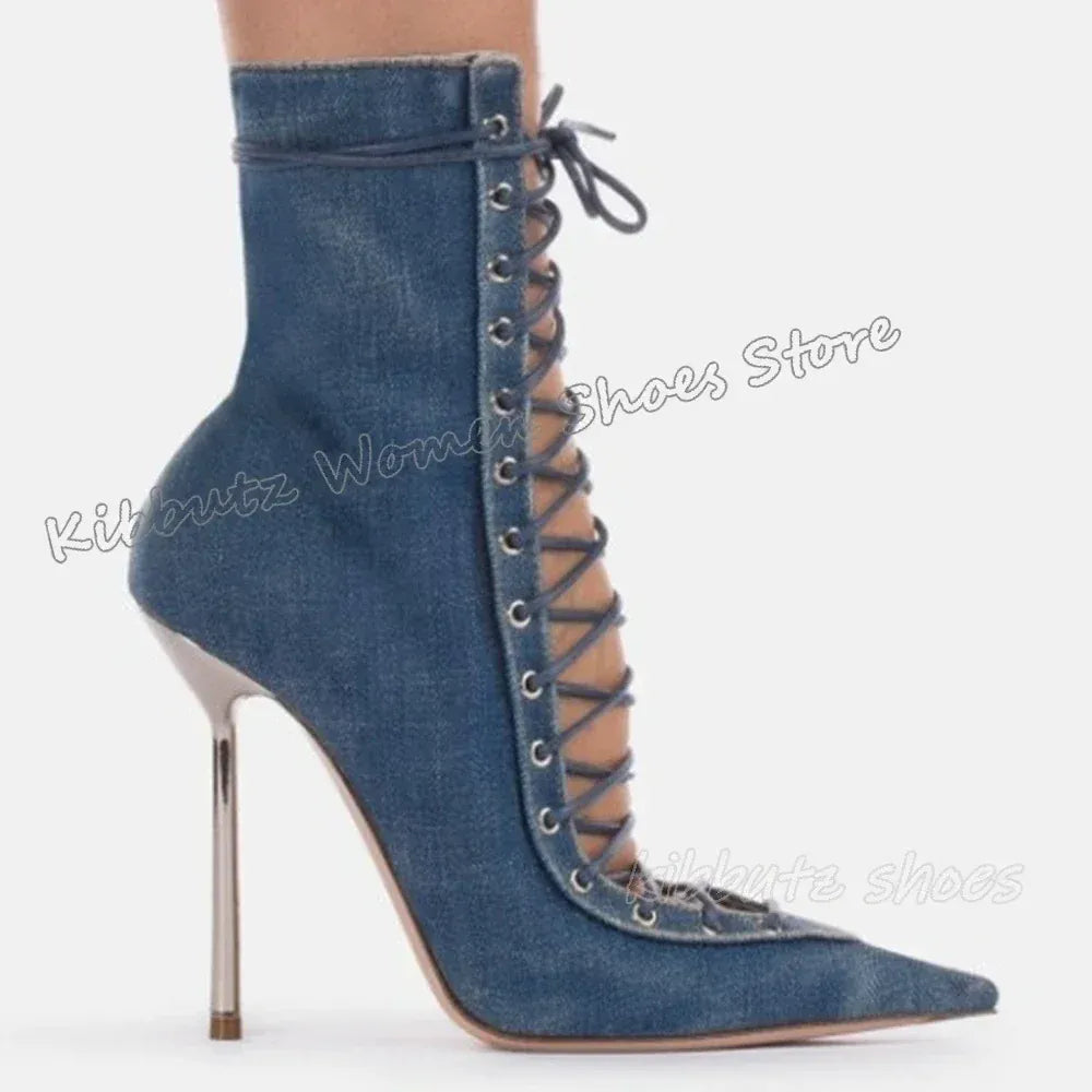 blue / 43 Lace-Up Sandal Ankle Boots Mesh Leather Solid Color Fashion Elegant Luxury Concise Sexy Party Dress Women Shoes New Pointy Heels