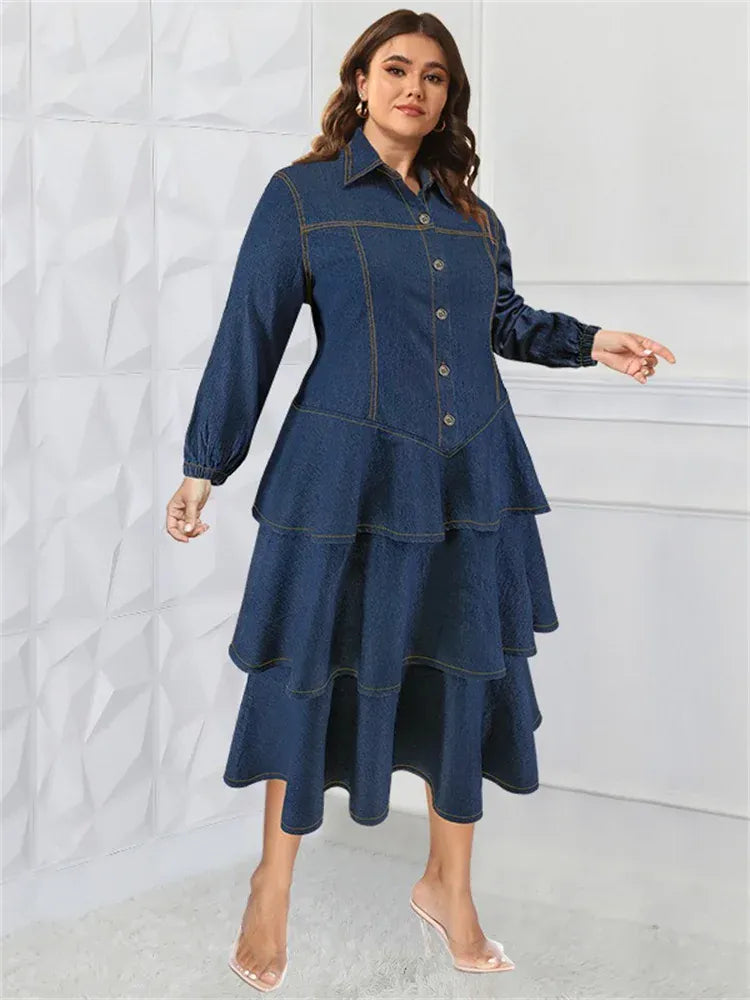 Blue / 4XL Wmstar Plus Size Denim Dresses for Women Button Solid Fashion Elegant Maxi Long Dress Fall Winter Clothes Wholesale Dropshipping