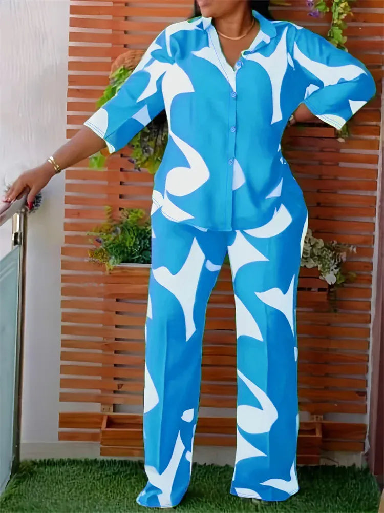 Blue / 5XL Wmstar Plus Size Two Piece Set Women Wholesale Print Pants Sets  Button Shirts Top and Flared Trousers New in Summer 2025