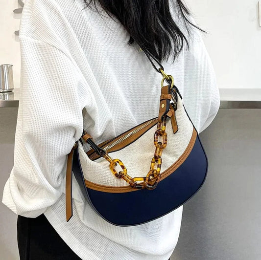 BLUE ARUBBIT Brand Acrylic Chain Canvas Stitching Pu Fashionable Ladies Shoulder Bags Women