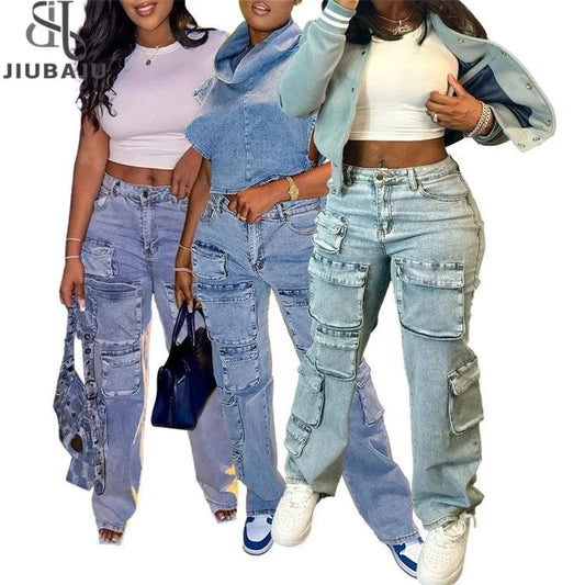 Blue Autumn Casual Pocket Loose Denim Pants Women High Waisted Button Straight Jean Trousers