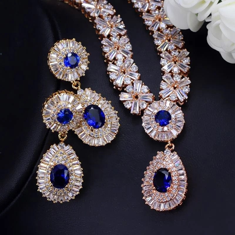 Blue+gold RAKOL SP232 American Style Popular Honorable Jewelry Full Inlay Crystal Zircon Water Shape Pendant Wedding Bridal Jewelry Set