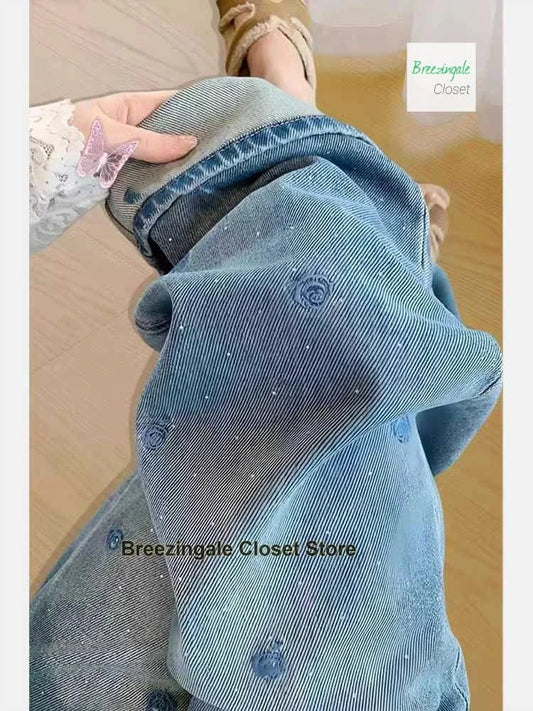 Blue jeans / L American retro blue embroidery rhinestone rose jeans women's summer new high waist heavy industry washed slim straight pants.