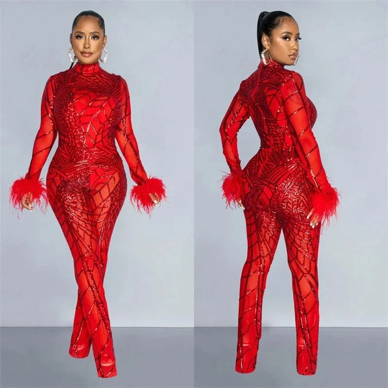 blue jumpsuits / XL / CHINA Znaiml Feather Long Sleeve Sequins Bodycon Jumpsuit Women Bodysuit Mesh See Through One Piece Overalls Birthday Party Outfits
