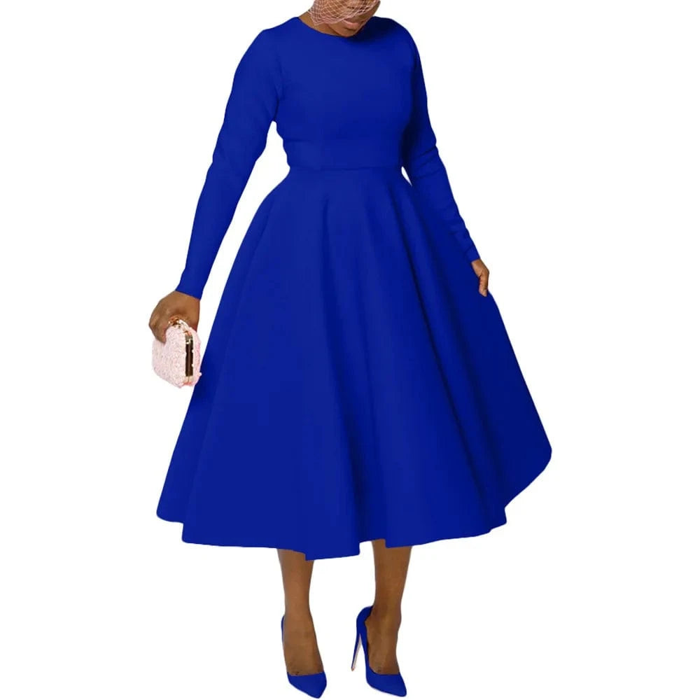 Blue / L Elegant Church Dresses for Woman 2025 Fall Long Sleeve O Neck High Waisted A-Line Midi Calf Party Cocktail Dress with Pockets