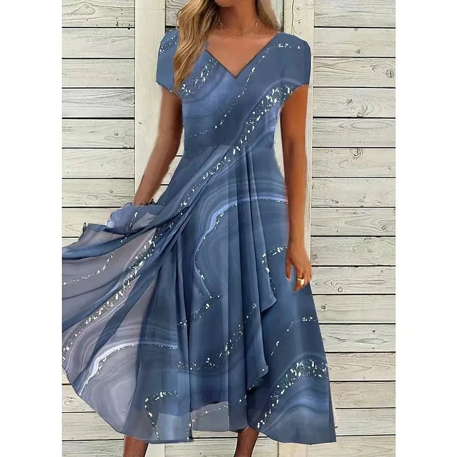 Blue / L Women Summer New Dress Casual Fashion Chiffon Splicing Short Sleeve V Neck High Waist Dress