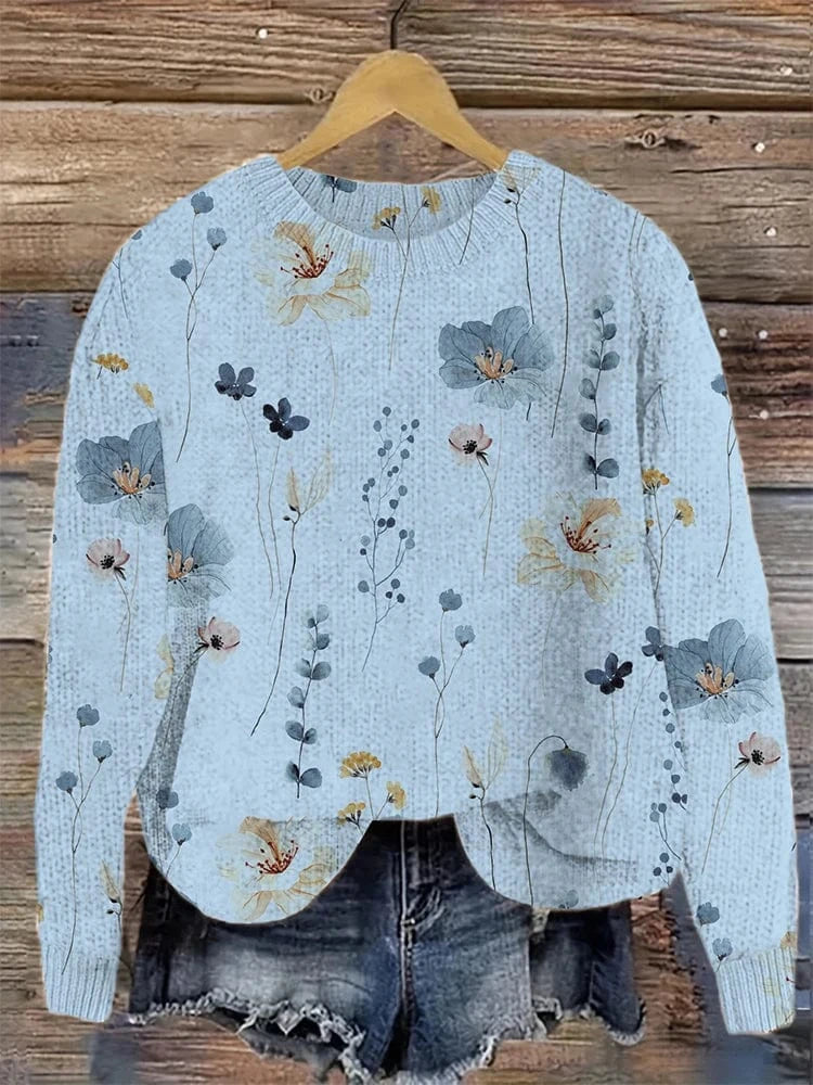 Blue / M 2025 Autumn and Winter New Women's Flower Embroidery Pattern Comfortable Knitted Sweater Retro Art Round Neck Casual Sweater