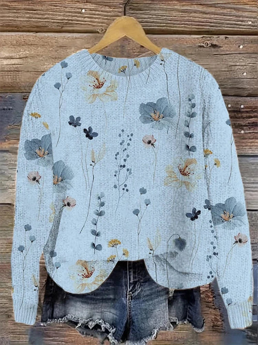Blue / M 2025 Autumn and Winter New Women's Flower Embroidery Pattern Comfortable Knitted Sweater Retro Art Round Neck Casual Sweater