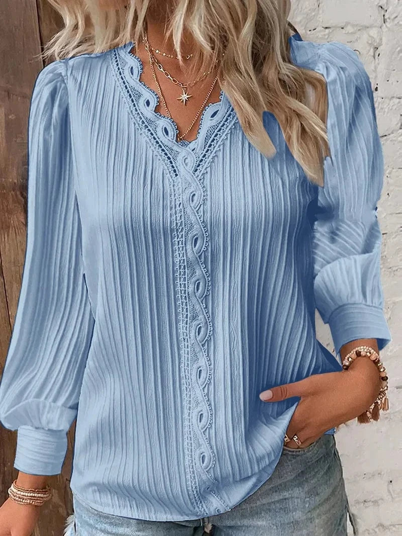 Blue / M Elegant Summer Hollow Lace Patchwork Women Shirt Chic Blouse V Neck Long Sleeve Shirt Plain Lace Casual Basic Regular Tops