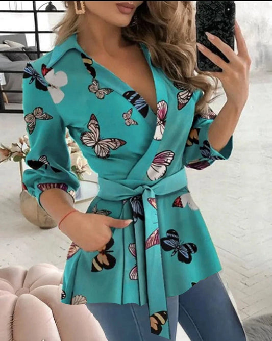 Blue / M Spring Autumn Printed Work Shirt Tops Women Casual V Neck Long Sleeve Party Club Business Blouse Top with Belt