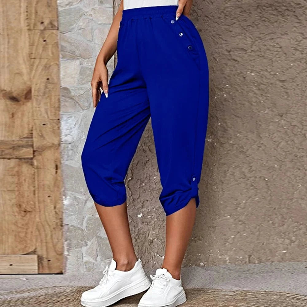 Blue / M Women Elastic Waist Pants Summer Solid Color Casual Trousers Bottom Elegant Fashion Office Lady Loose Cropped Pants S-3XL