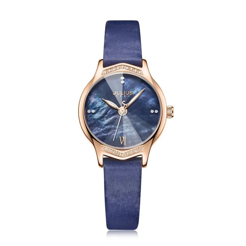 Blue Mother-of-pearl Women's Watch Japan Quartz Elegant Fashion Hour Bracelet Real Leather Clock Girl's Birthday Gift Julius Box