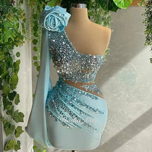 Blue One Shoulder Mini Cocktail Party Dresses Sexy Beaded 3D Flower Short Prom Dress for Black Girls RM006