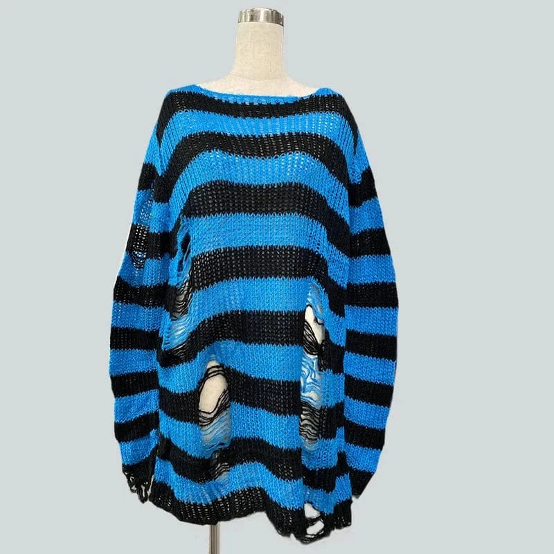 Blue / One Size 90s Goth Punk Women Street Fashion Stripe Loose Gothic Knitted Ripped Distressed Design Jumper Oversized Pullovers Top Sweater