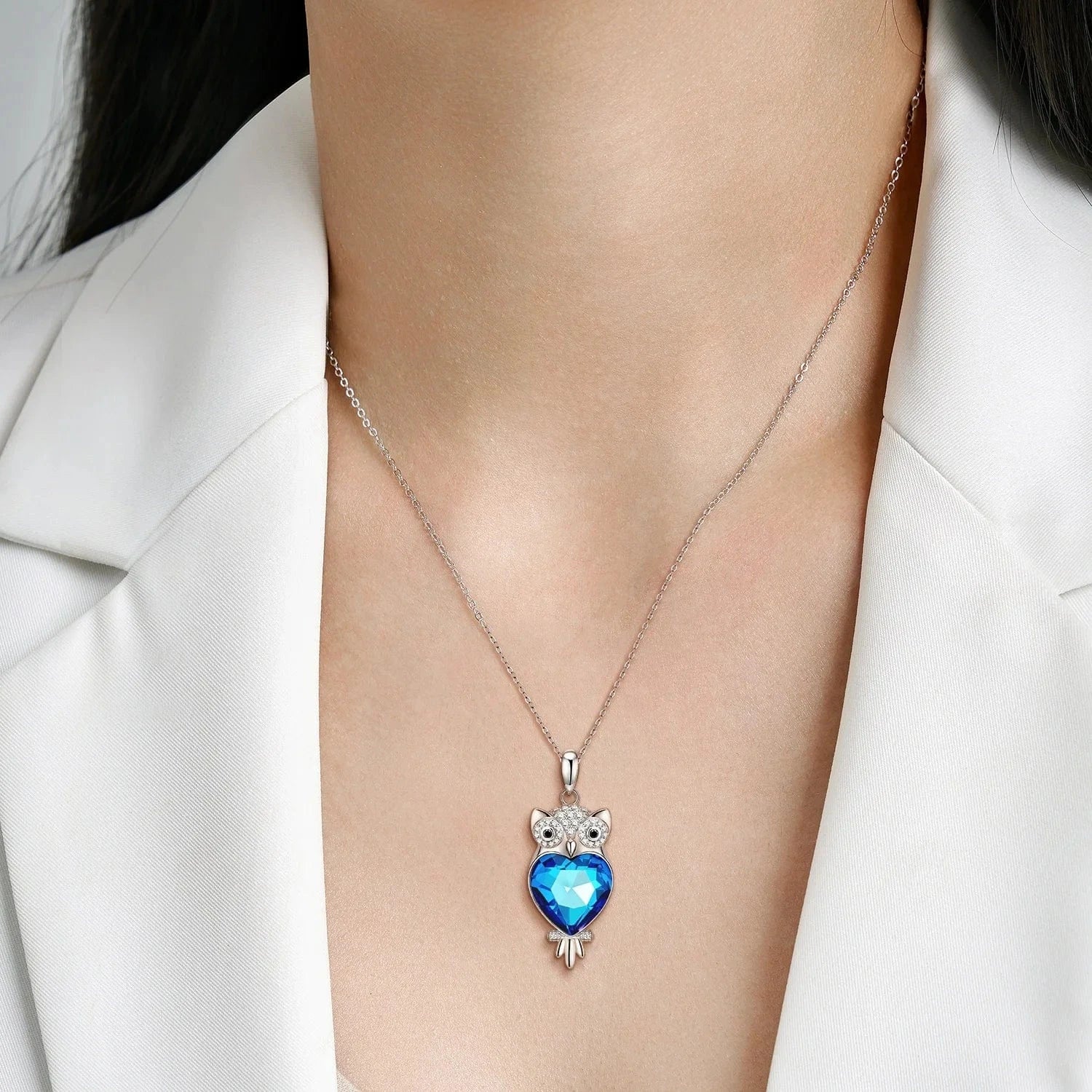 Blue Owl with Crystal Zirconia Necklace Pendant and Stud Earring Sets Authentic 925 Sterling Silver for Women Jewelry making