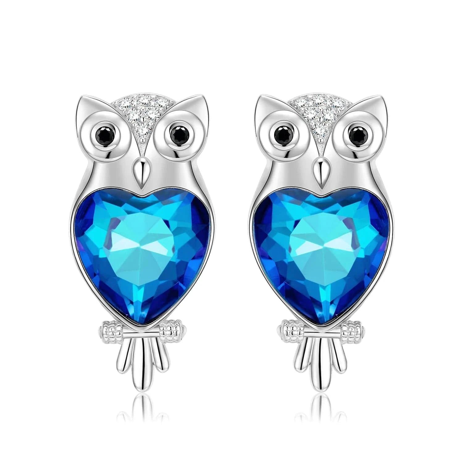 Blue Owl with Crystal Zirconia Necklace Pendant and Stud Earring Sets Authentic 925 Sterling Silver for Women Jewelry making