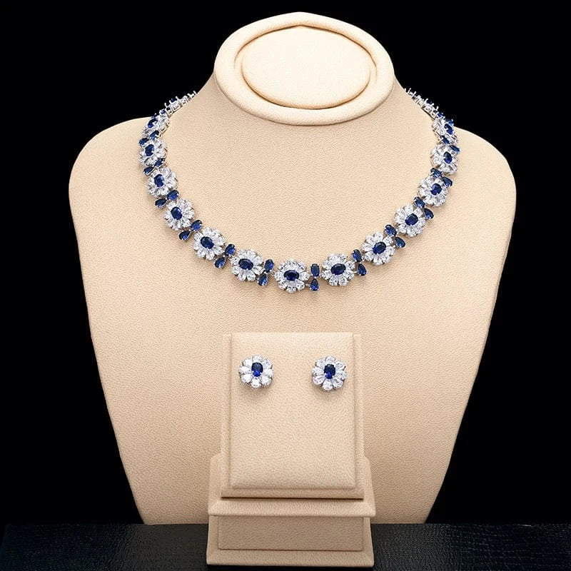 blue RAKOL SP240 Luxury women color zirconia  blue  Flower Necklace Earrings jewelry Sets 18k gold plated  bridal jewelry Set