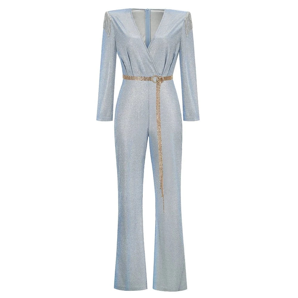 Blue / S / CHINA New Fashion Sequins Jumpsuit For Women 2025 Long Sleeves V Neck Draped Autumn Rompers Celebrity Evening Party Club Overall