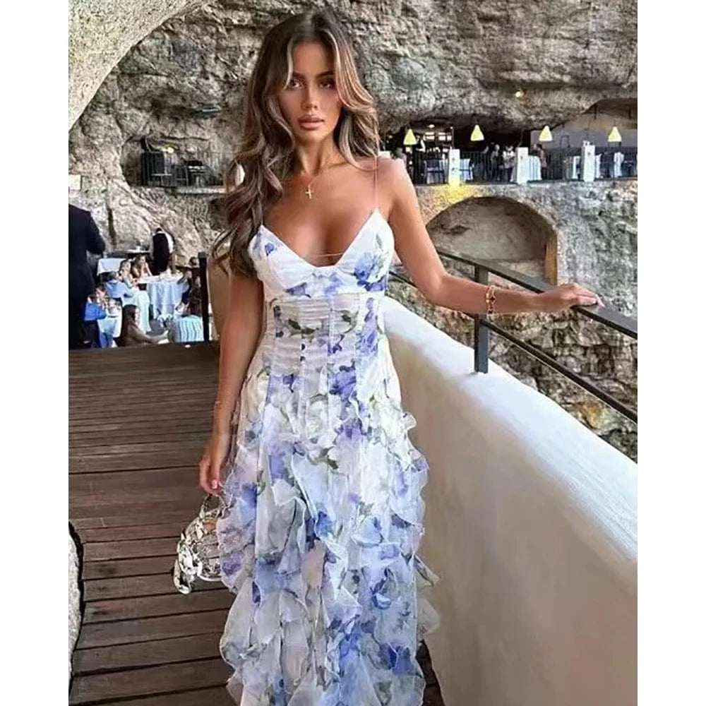 Blue / S / CHINA Women's Floral Low-Cut Dress French Summer Halter Gentle Wind Dress Slimming Backless Halter Slit Out Floor-Length Dress